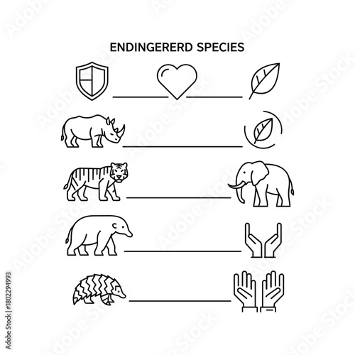Endingererd species line art infographic with icons of animals like rhino, tiger, pangolin, and symbols of protection
