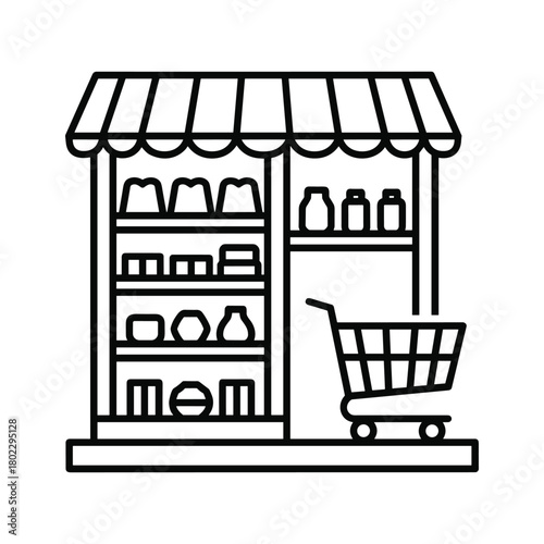 Line art illustration depicting a small supermarket or store with an awning, products, and shopping cart symbol.