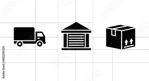 Monochrome logistics icons: truck, warehouse, and box on grid background