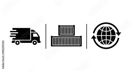 Transport and logistics icons: delivery truck, shipping containers, global trade symbol