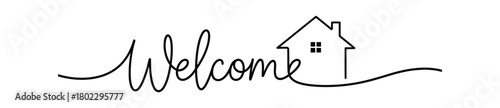 Minimalist Welcome Home Line Art, Continuous Script, House Icon, on White