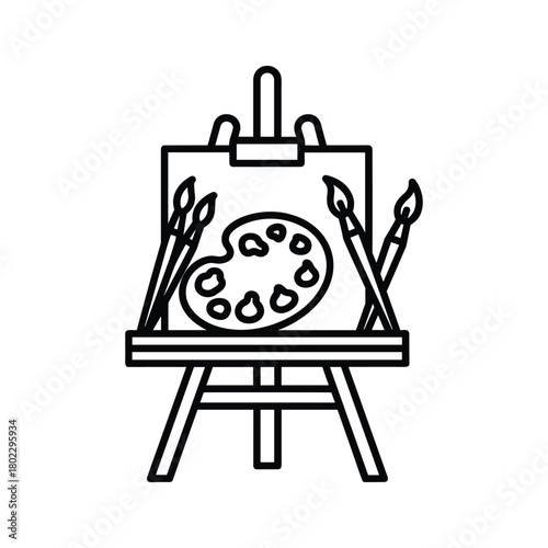 Outline icon of artist's easel, paint palette, and brushes on canvas, symbolizing creativity and art hobby.