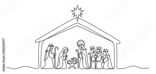 Nativity Continuous Line Art with Mary, Joseph, Jesus, and Magi on Transparent Background