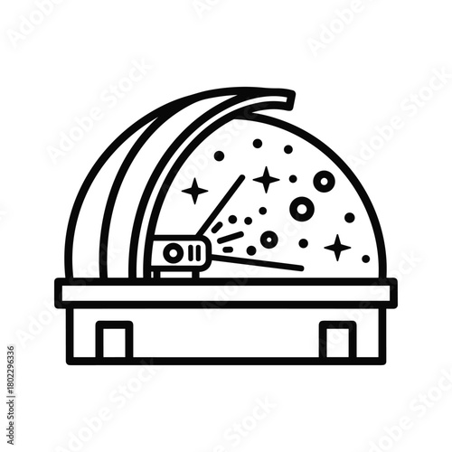 Observatory planetarium icon line art, depicting a dome with stars, planets, and a celestial projection