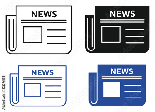 News Paper Icons, Set of Four in Outline, Solid, and Blue Color Schemes, Isolated