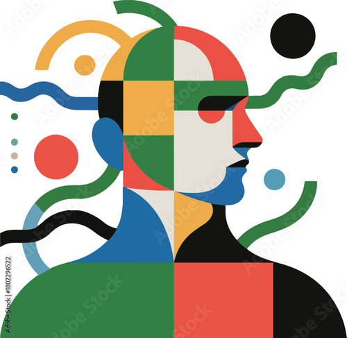 Geometric abstract portrait profile with colorful shapes and lines head