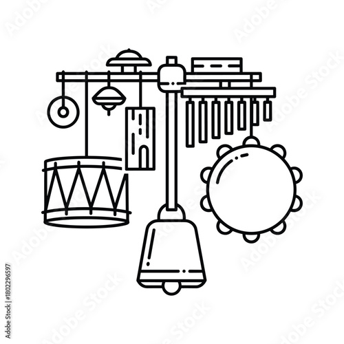 Minimalist line art icon of an orchestral percussion setup featuring drum, cymbals, tambourine, bell, and chimes