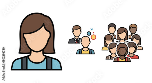 Colorful flat avatars of diverse individuals and groups, highlighting social connections