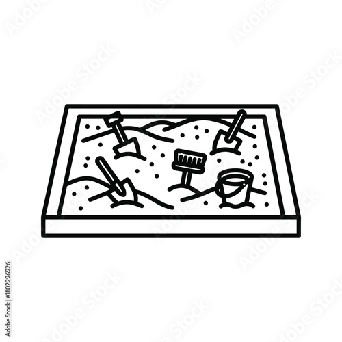Sandbox with shovels, rake, and bucket icon. children's outdoor play area doodle illustration for kids.