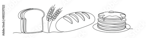 Outline Bread, Wheat and Pancakes Stack Drawing on Transparent Background