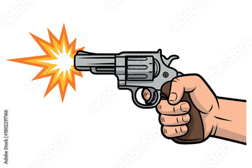 A hand is firing a revolver with a bright muzzle flash