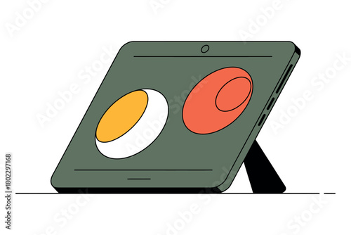 A tablet displays two abstract circles, one yellow and white, the other orange, on its screen.