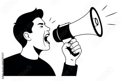 A man shouts loudly into a megaphone, conveying a message with urgency.