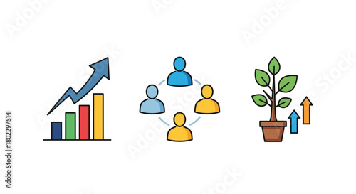 Colorful growth chart, team collaboration, and sustainable development icons