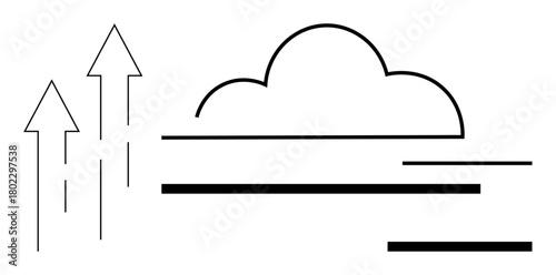 Rising arrows depict upward movement alongside a cloud and horizontal lines. Ideal for growth, success, progress, innovation, technology, cloud computing, change. Simple flat metaphor