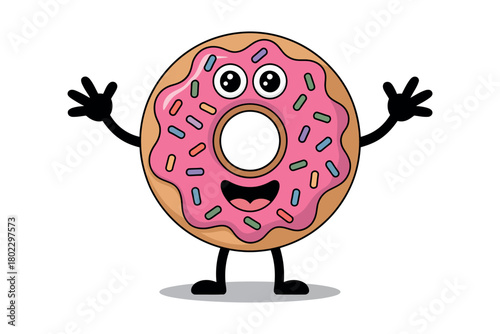A cheerful cartoon donut with pink frosting and sprinkles waves hello with its arms.