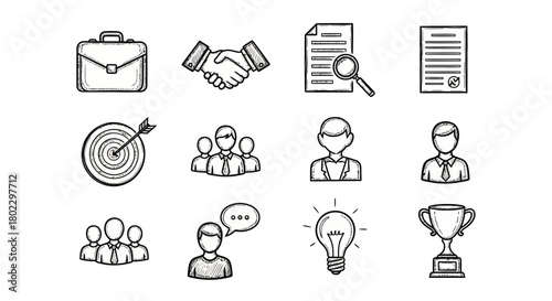 Hand drawn business icons set with contract, target, and trophy illustrations