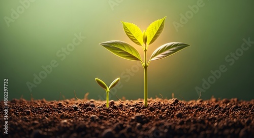 Two green plant seedlings of different sizes growing in dark soil with a bright sunburst backlighting them. Growth stages, development, and nurture concept.