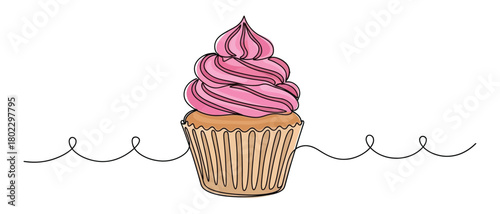 Pink Frosted Cupcake, Elegant Line Art with Looped Swirls, Transparent Background