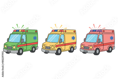 Three cartoon ambulances of different colors are lined up, each with flashing lights.