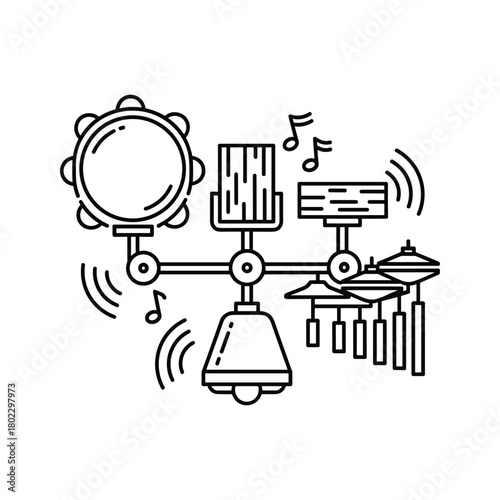 Line art icon displaying a creative ensemble of diverse musical instruments, sound elements, notes, and audio waves.