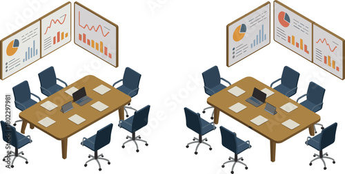 Isometric illustration of two identical conference rooms with meeting tables, chairs, laptops, and business presentation charts on walls