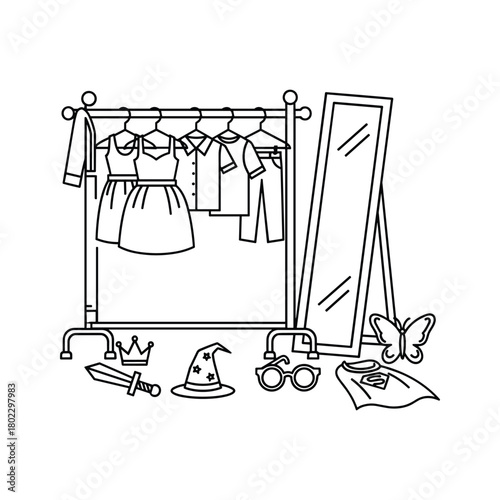 Children's dressing up clothes rack with mirror and fantasy costume accessories for imaginative fun and play
