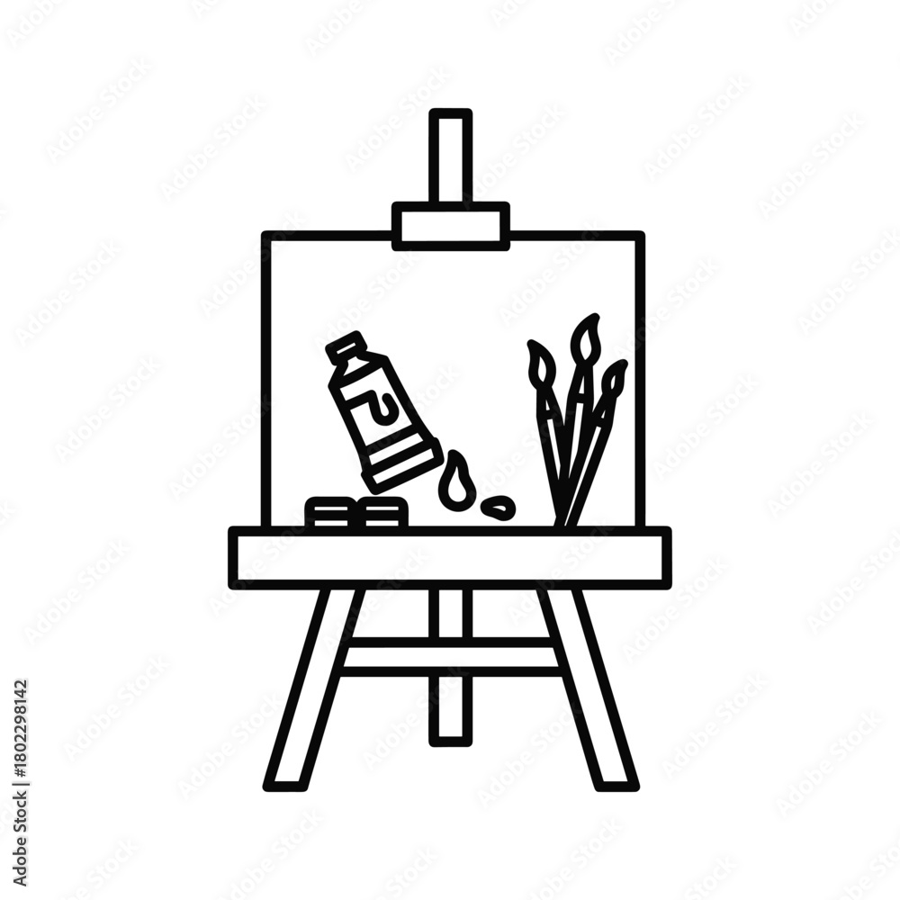 Obraz premium Art studio equipment outline icon showing an easel with a canvas, paint tube, brushes, and paint drops for creative projects.