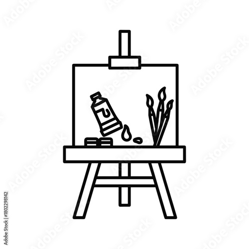 Art studio equipment outline icon showing an easel with a canvas, paint tube, brushes, and paint drops for creative projects.