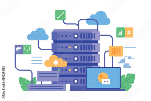 A central server rack is connected to various devices and cloud icons, illustrating data flow.