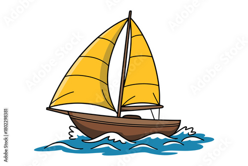A cartoon sailboat with yellow sails glides across blue water with white waves.