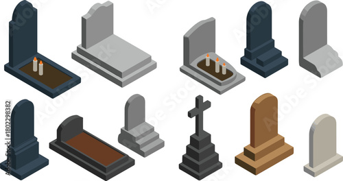 Isometric illustration of various gravestones and tombstones with candles, cross monument, cemetery design, burial memorial, graveyard architecture concept