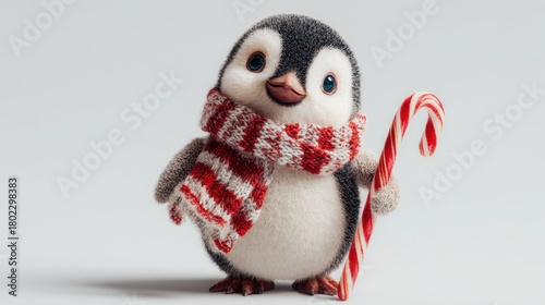 Penguin with Candy Cane and Striped Scarf