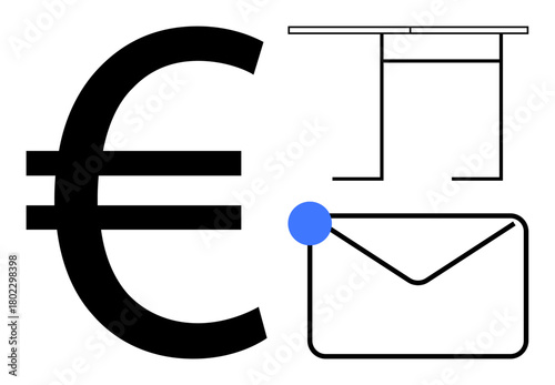Euro symbol next to envelope with blue detail and abstract desk illustration. Ideal for finance, communication, work, correspondence, savings, simplicity, and minimal design themes. Modern flat