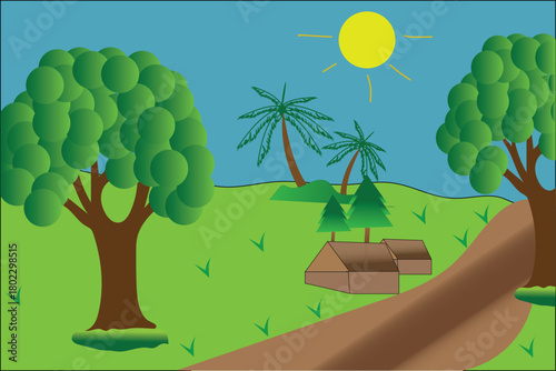 A stylized illustration of a house with a large prominent tree in its yard rendered in vibrant colors and clean lines for graphic design applications