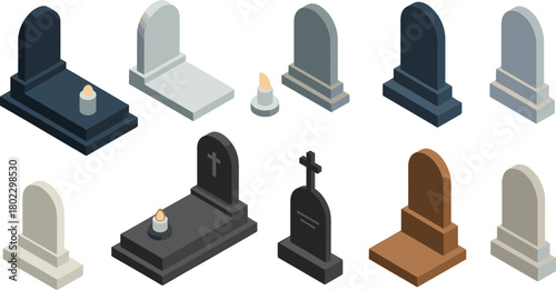 Isometric illustration of various gravestones and tombstones with candles, cross monument, cemetery design, burial memorial, graveyard architecture concept