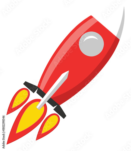 Red Cartoon Rocket Launching Upward with Flame Trail Isolated on White Space