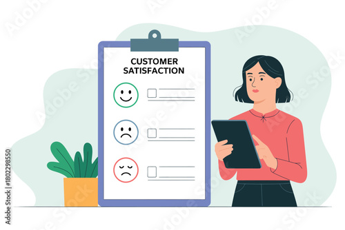 A person reviews a customer satisfaction survey with smiley and sad face icons.