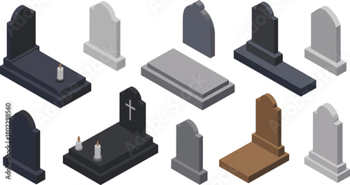 Isometric illustration of various gravestones and tombstones with candles, cross monument, cemetery design, burial memorial, graveyard architecture concept