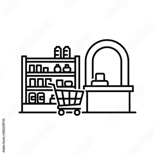 Grocery store shopping experience line icon with supermarket shelves, cart, and checkout counter vector illustration