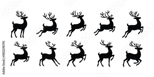 deer silhouette icon. set of silhouette icon. Collection of ten black silhouette reindeer in various leaping and standing poses on a white background
