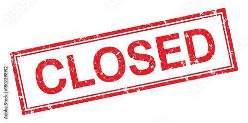 Red Distressed Rectangular Rubber Stamp with the Word Closed on White Background