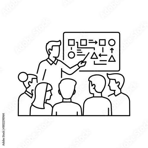 Business professional presenting complex workflow diagram to attentive diverse team during strategic meeting session.