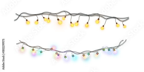 Colorful holiday garlands with soft bulb glow and subtle transparency create a vibrant festive line for overlays on light or dark scenes.