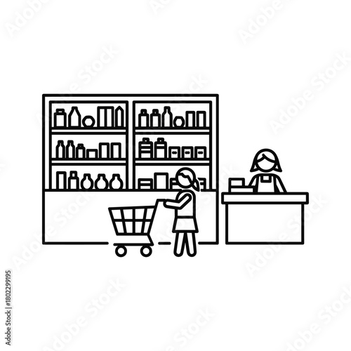 Customer pushing a shopping cart through a grocery store aisle with stocked shelves and a cashier