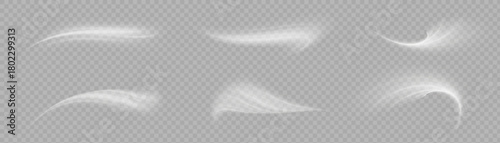Soft white light strokes with smooth edges and airy transparent motion, forming curved dynamic shapes for overlays, highlights and subtle glowing accents in digital compositions and visual designs.