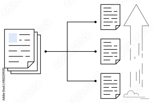 Documents connected to individual files and upward arrow signifying progress. Ideal for productivity, organization, workflow, growth, efficiency, innovation, planning. Simple flat metaphor