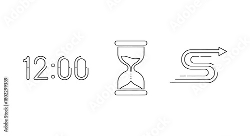 Time concept with clock, hourglass, and forward arrow