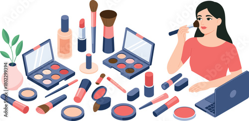 Isometric illustration of woman applying makeup with beauty products, cosmetics, brushes, lipsticks, and laptop on dressing table