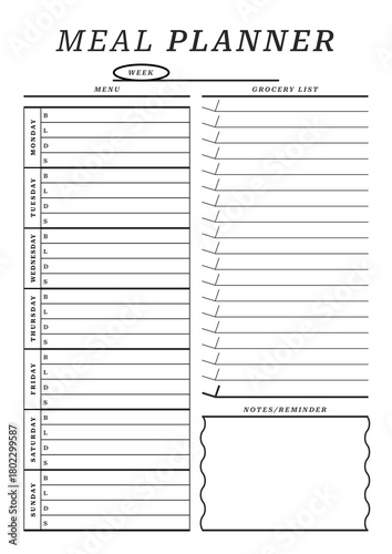 Weekly Meal Planner, Menu & Grocery Organizer